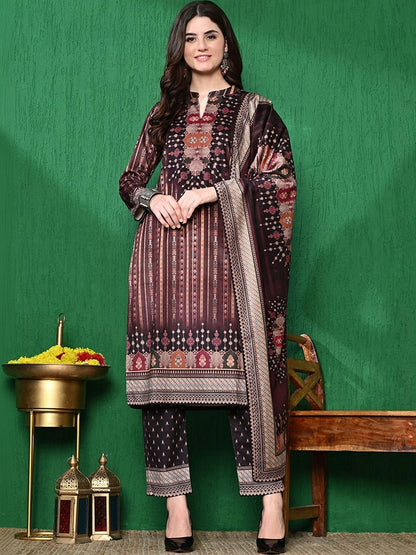 Brown Ethnic Motifs Winter Velvet Straight Kurta & Trouser With Dupatta