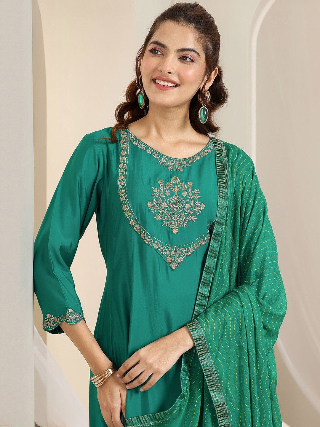 Women Ethnic Motifs Embroidered A-Line Kurta with Trousers & Dupatta