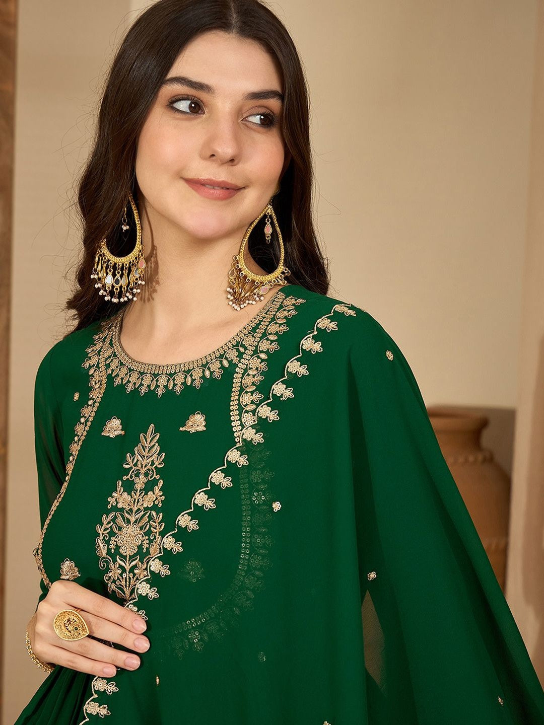 Women Ethnic Motifs Embroidered Tiered Thread Work Kurta with Trousers & With Dupatta