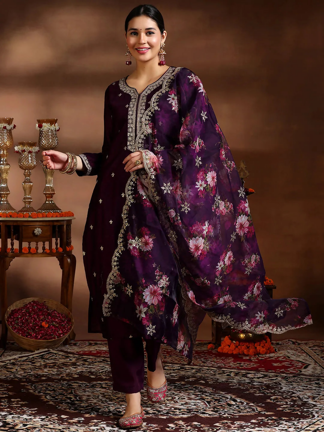 Women's LB Wine Embroidered Silk Blend Straight Suit With Dupatta