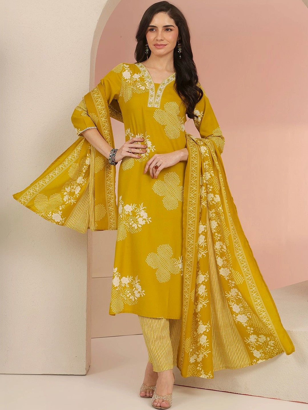 Mustard Bandhani Printed Cotton Blend Straight Suit Set