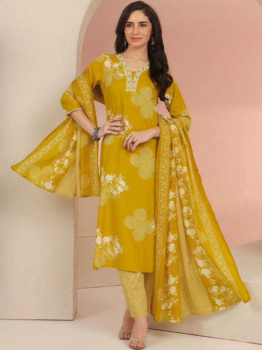 Mustard Bandhani Printed Cotton Blend Straight Suit Set