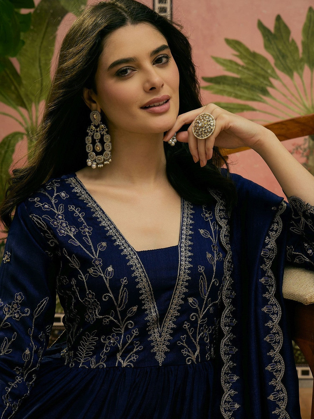 Embroidered V-Neck Kurta & Trousers Kurta Sets