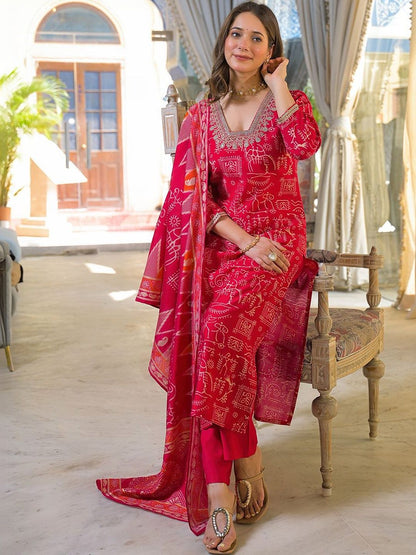 Dhiyona KL Women Ethnic Motifs Printed Regular Thread Work Kurta with Trousers & With Dupatta