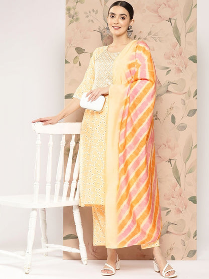 Women Ethnic Motifs Printed Regular Thread Work Kurta with Trousers & With Dupatta