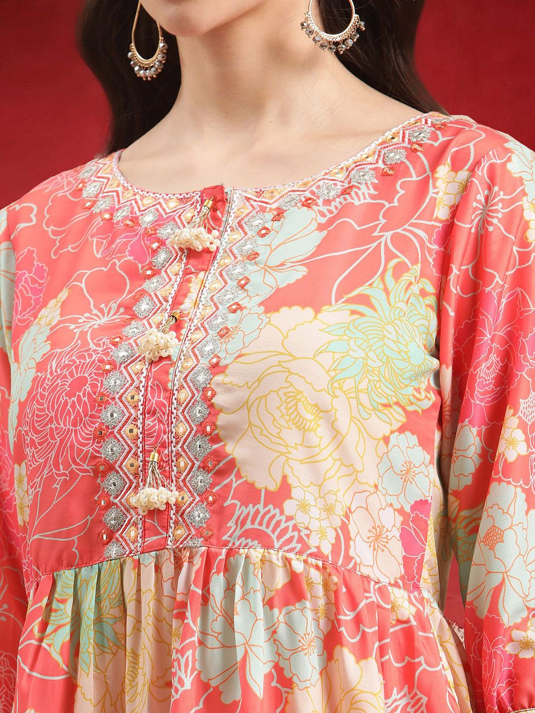 Dhiyona VA Women Floral Printed Empire Mirror Work Kurta With Sharara & Dupatta
