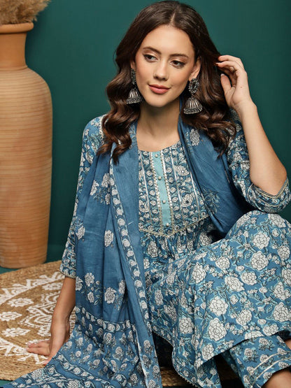 Floral Printed Gotta Patti Pure Cotton Kurta With Trousers & Dupatta