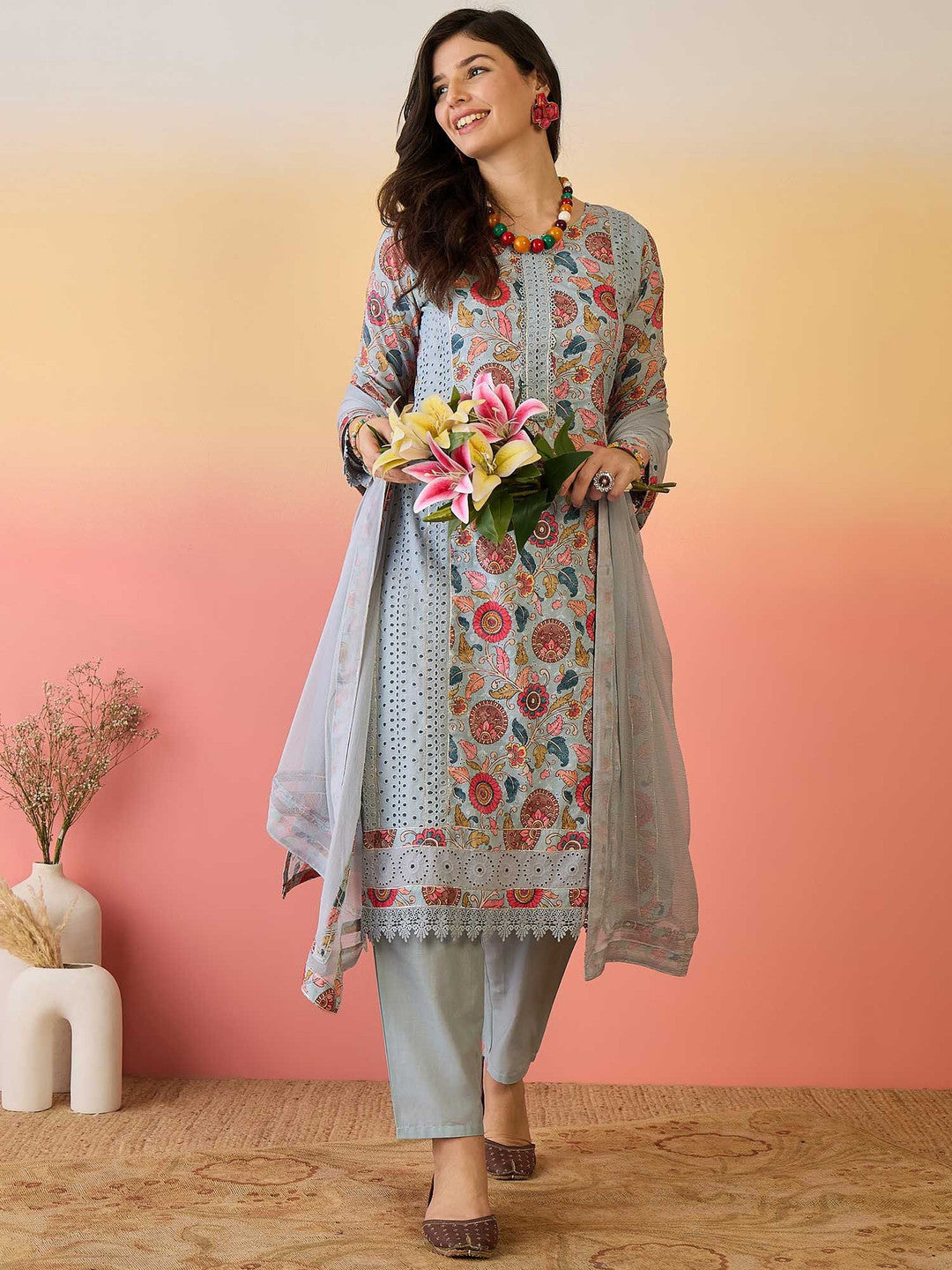 Floral Printed Pure Cotton Kurta & Trousers With Dupatta
