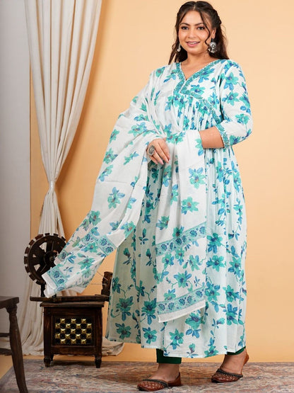 Dhiyona KL Women Floral Printed Pleated Thread Work Pure Cotton Kurta Set With Dupatta