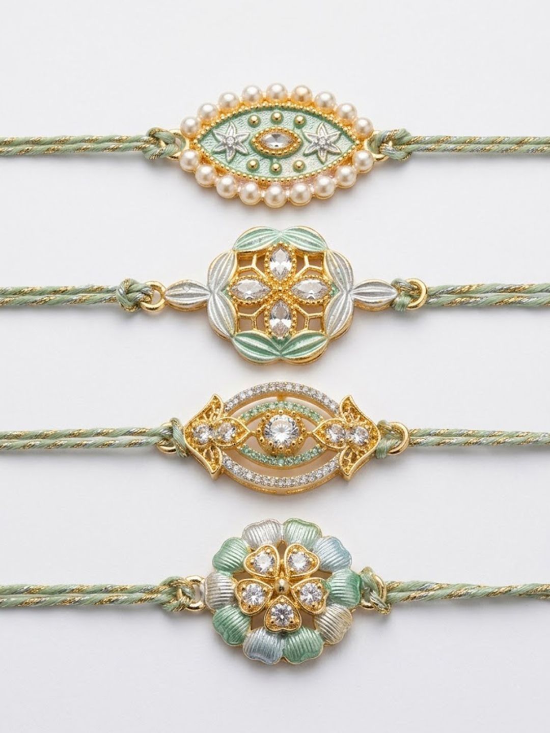 Dhiyona Set Of 4 White Artificial Stones & Green Thread Rakhi