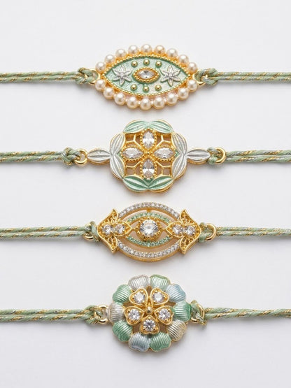 Dhiyona Set Of 4 White Artificial Stones & Green Thread Rakhi
