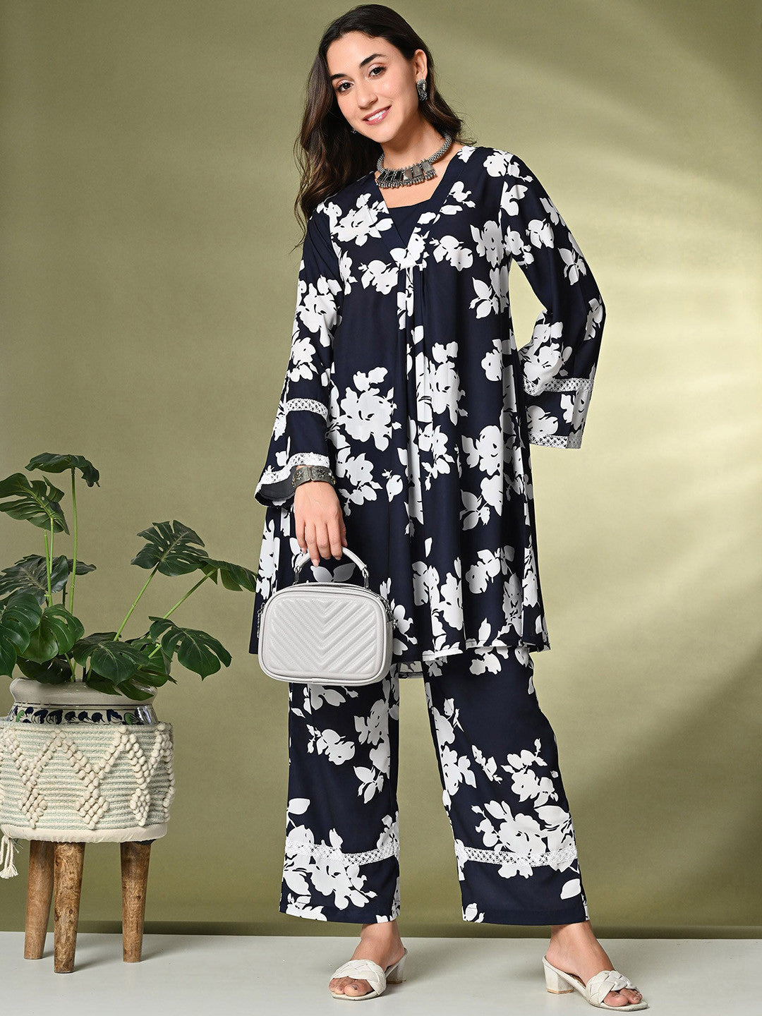 Black Floral Printed A-Line Kurta With Trousers