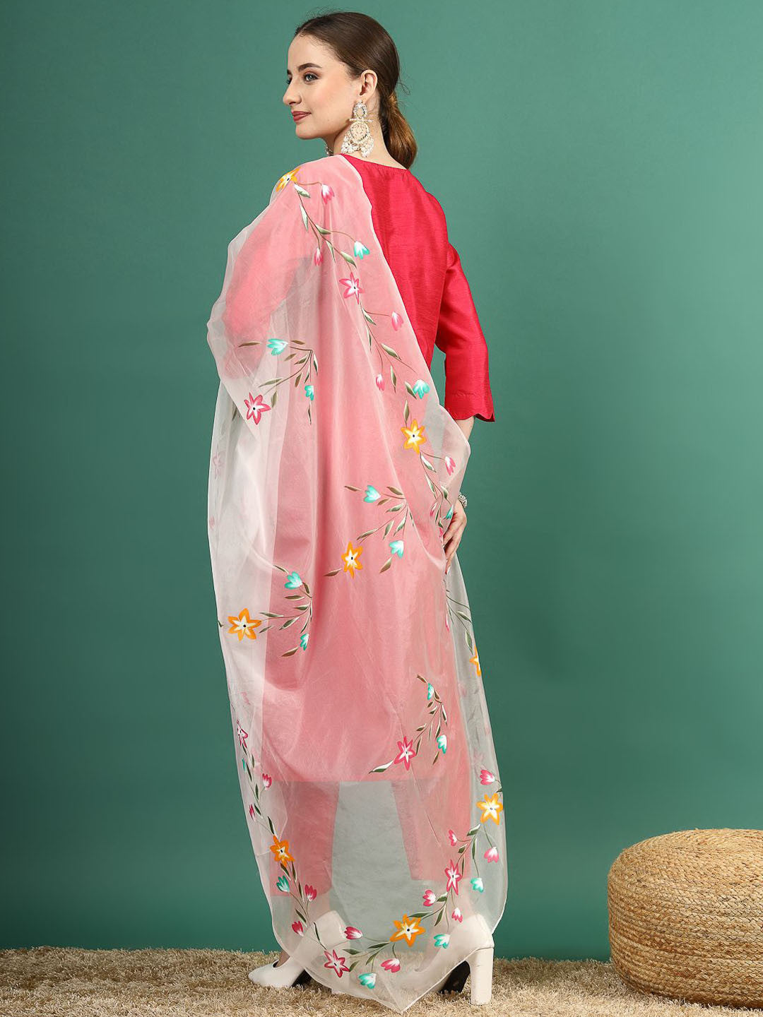 Pink V-Neck Straight Kurta & Trouser With Printed Dupatta