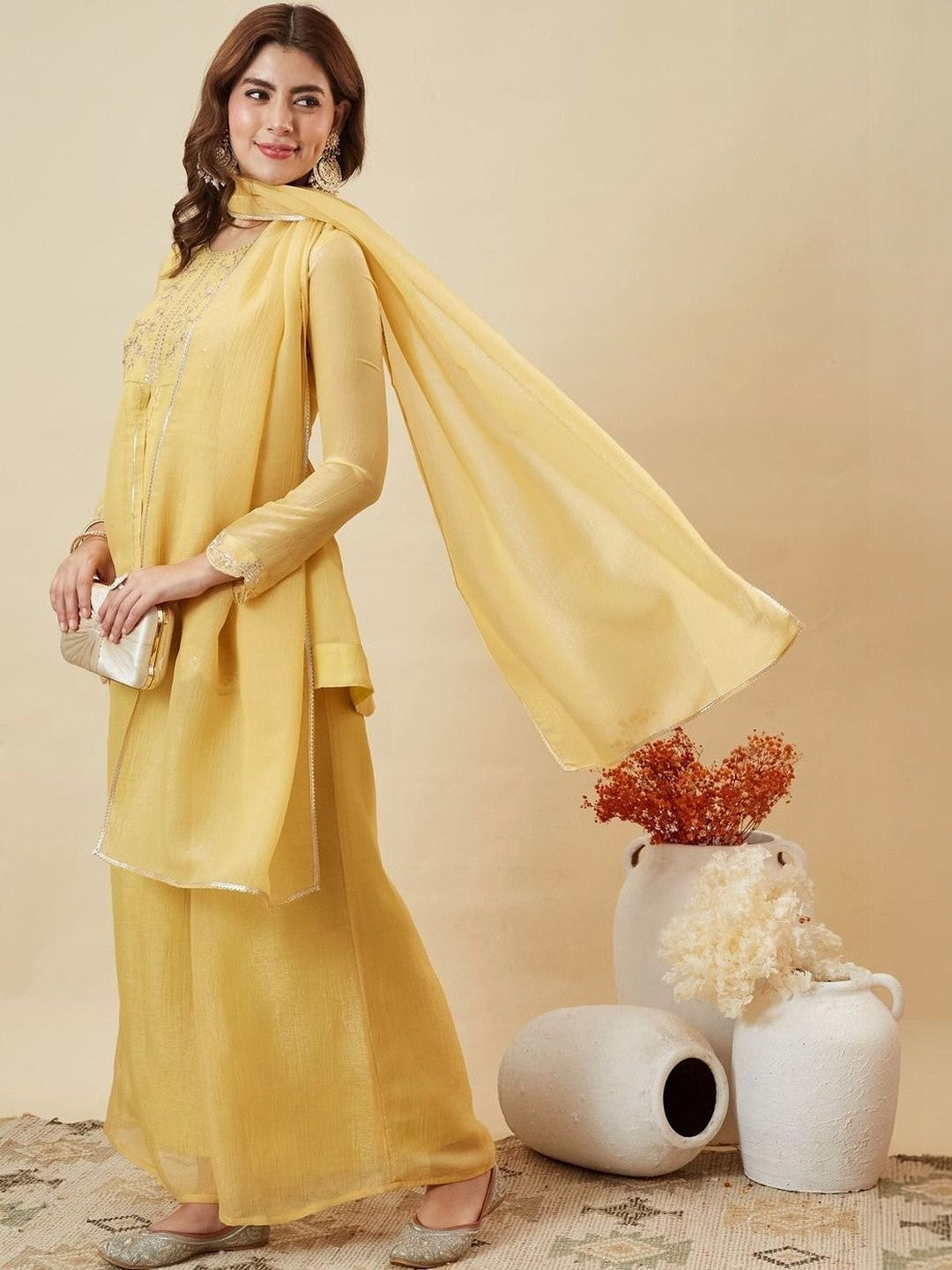 Embroidered Art Silk Round Neck Kurta & Palazzos With Dupatta