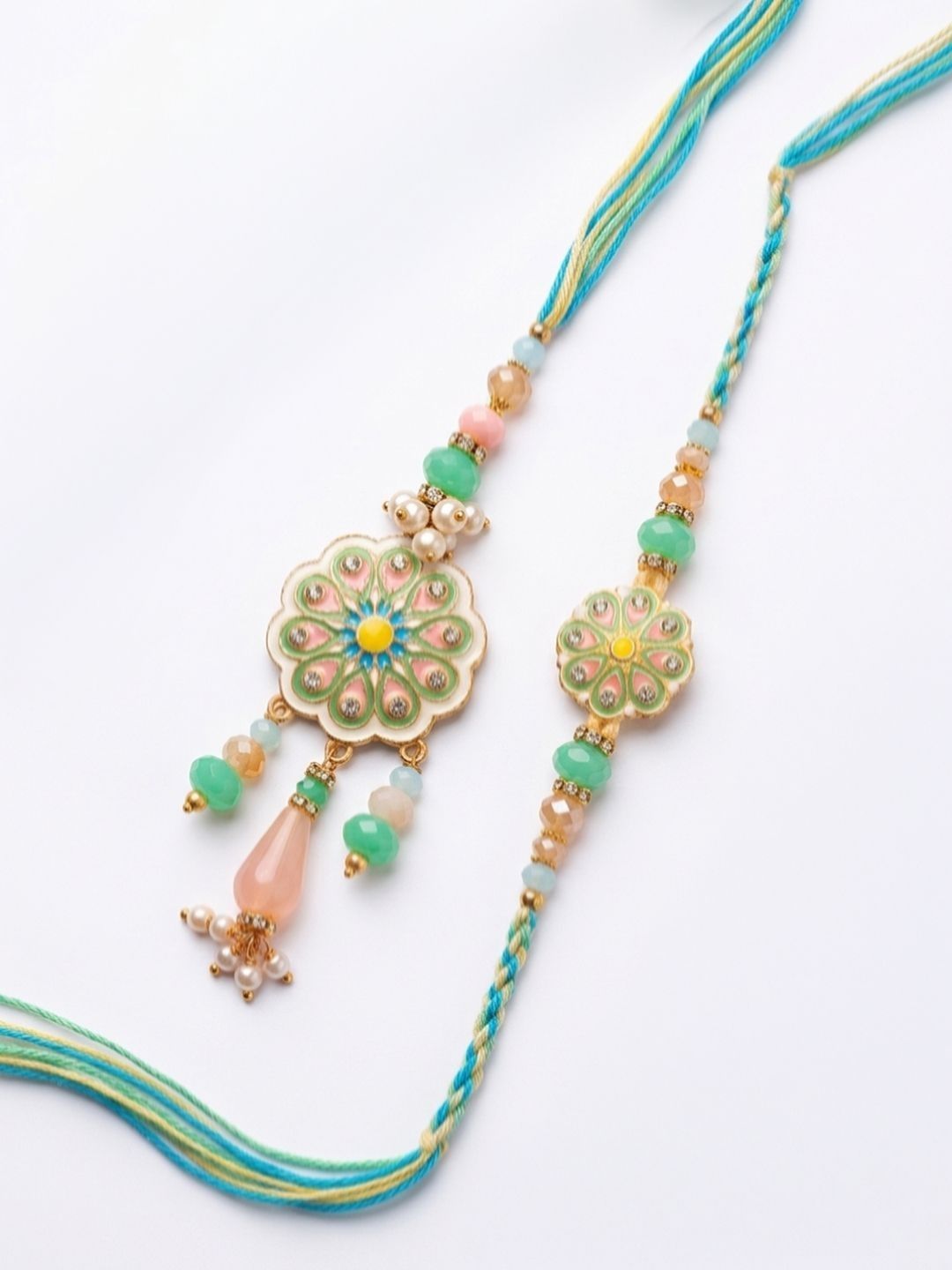 Dhiyona Set Of 2 Round Artificial Beads Traditional Bhaiya Bhabhi Rakhi With Roli Chawal