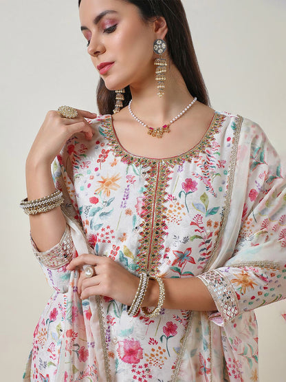 Dhiyona SO Women's Women Ethnic Motifs Printed Regular Mirror Work Kurta with Sharara & With Dupatta