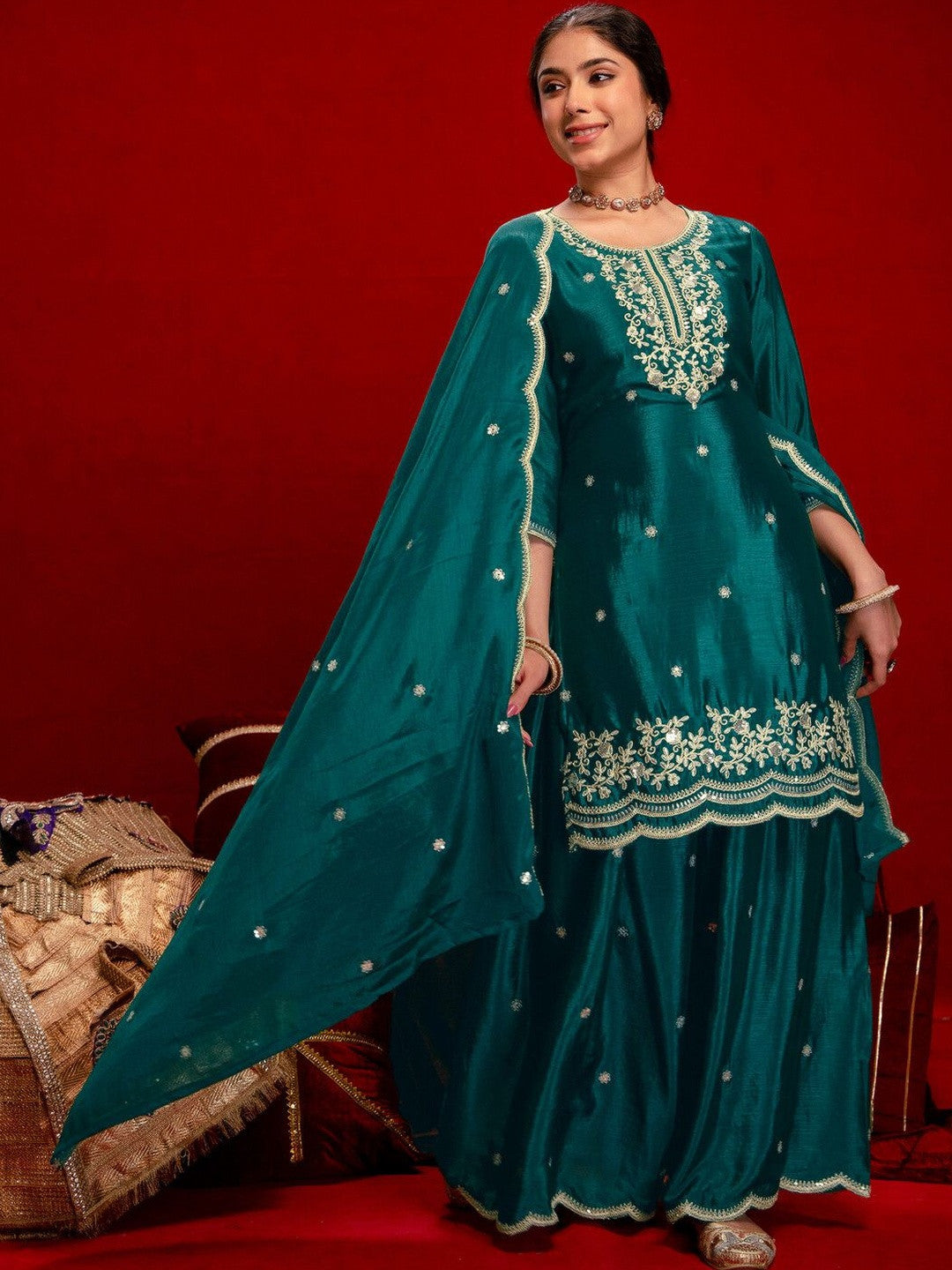 Women Ethnic Motifs Embroidered Regular Thread Work Kurta with Sharara & With Dupatta