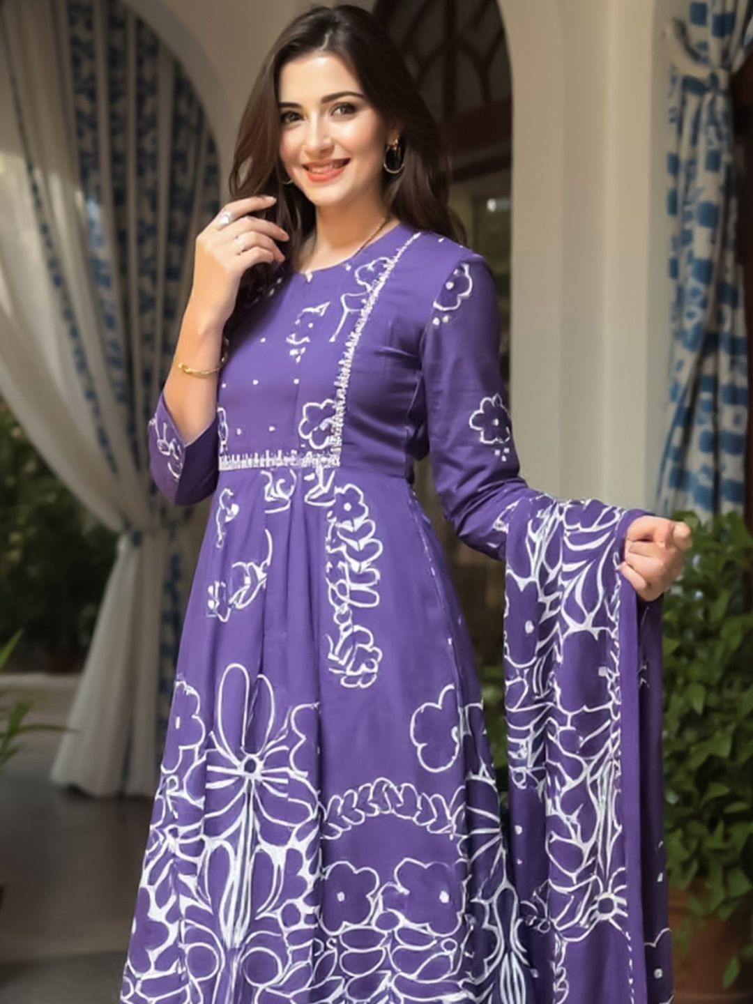 Dhiyona IE Floral Printed Pure Cotton A Line Kurta With Trousers & Dupatta