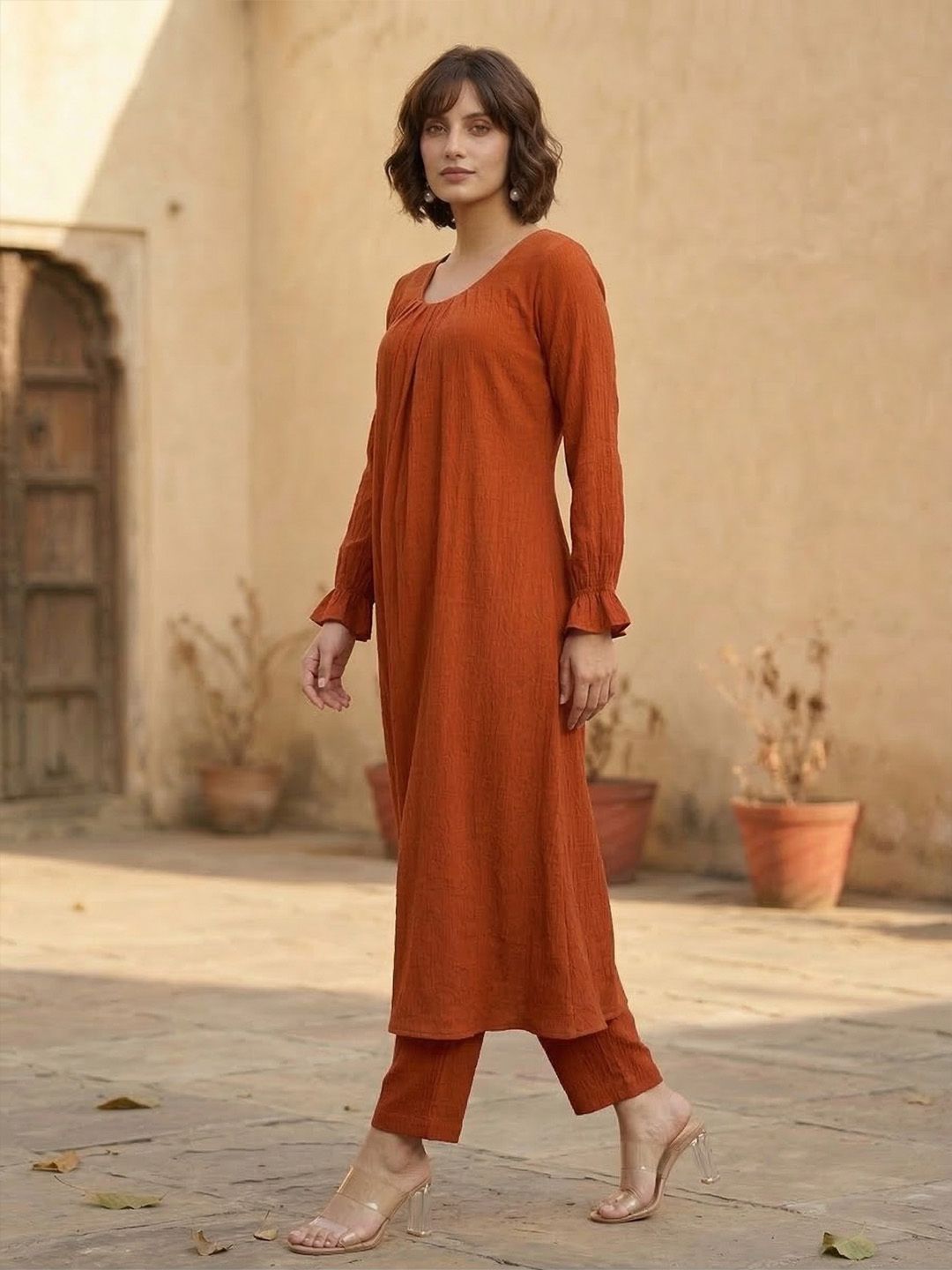 Rust Rust A Line Balloon Sleeve Kurta with Trouser