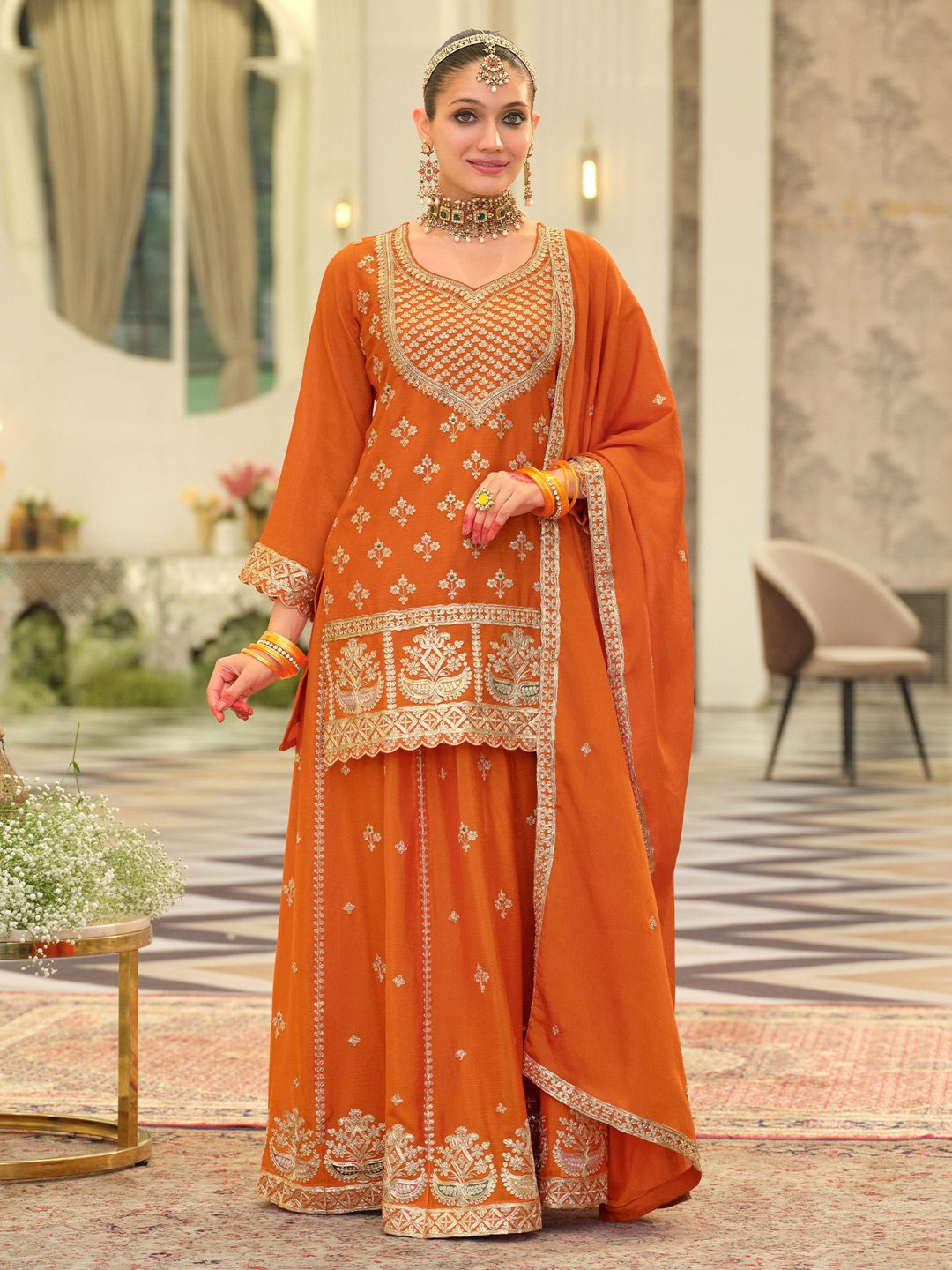 Dhiyona IE Women Ethnic Motifs Embroidered Kurta with Sharara & Dupatta