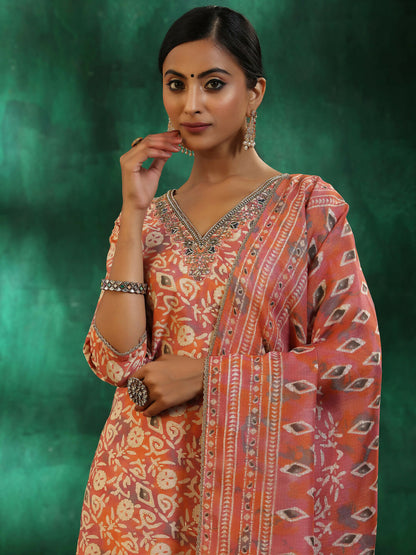 Women's LB Peach Printed Silk Blend Straight Suit With Dupatta