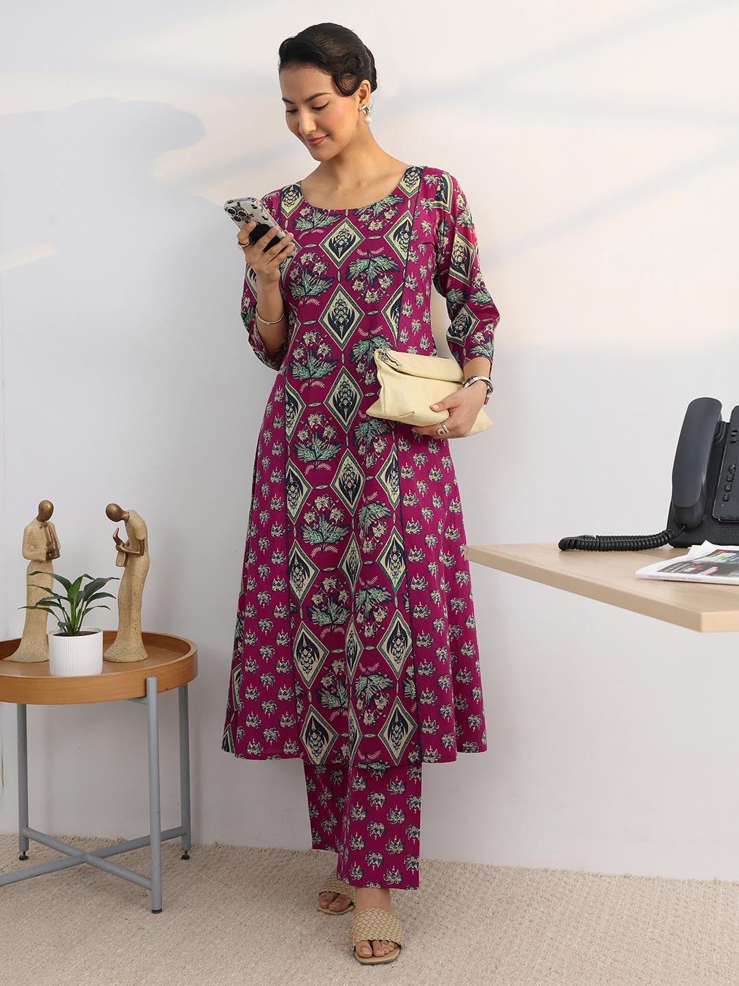 Libas Pink Floral Printed Cotton Blend A-Line Kurta Set