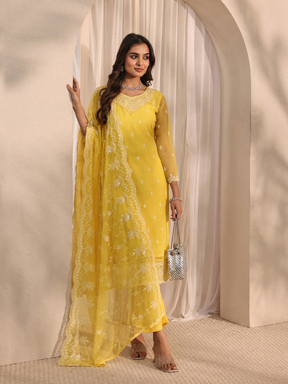 Ethnic Motifs Embroidered Regular Sequinned Straight Kurta With Palazzos & Dupatta