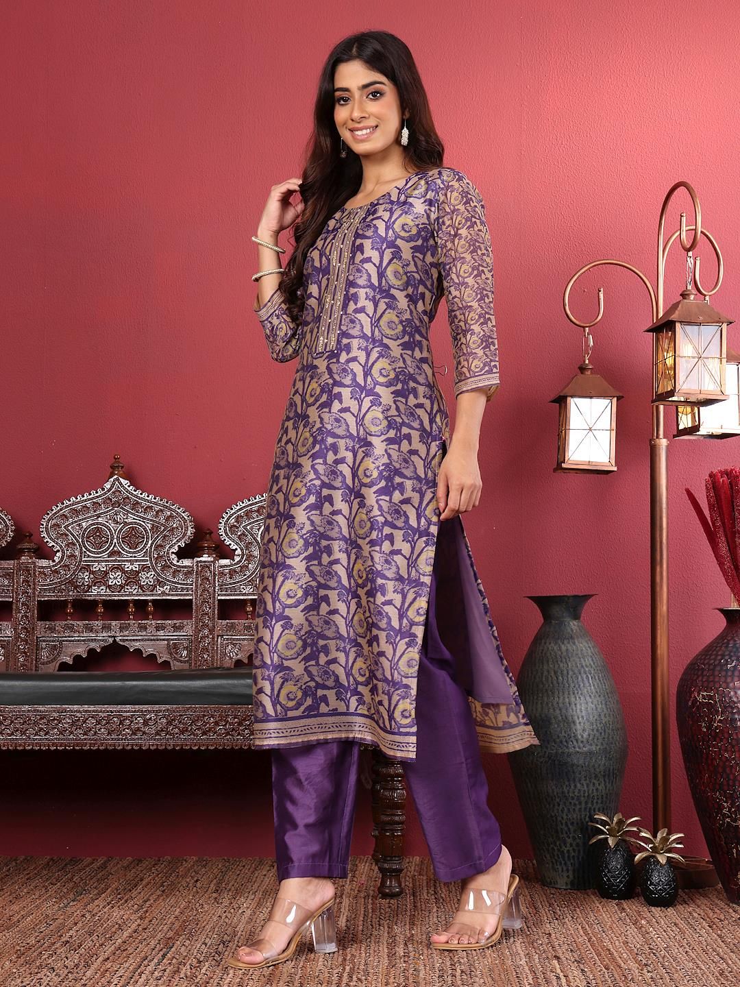 Purple Purple Floral Printed Beads and Stones Chanderi Silk Kurta with Trousers & Dupatta