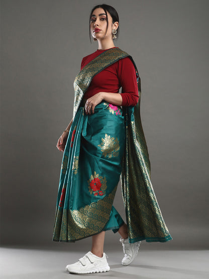 Women's Silk Blend Teal green Woven Design Designer Saree With Blouse Piece