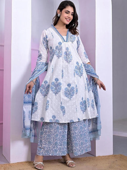 Printed Pure Cotton V-Neck Kurta & Palazzos Kurta Set