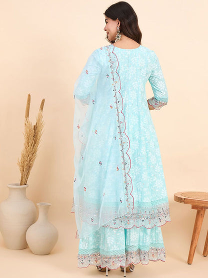 Dhiyona AN Floral Printed Notch Neck Pure Cotton Kurta With Sharara & Dupatta