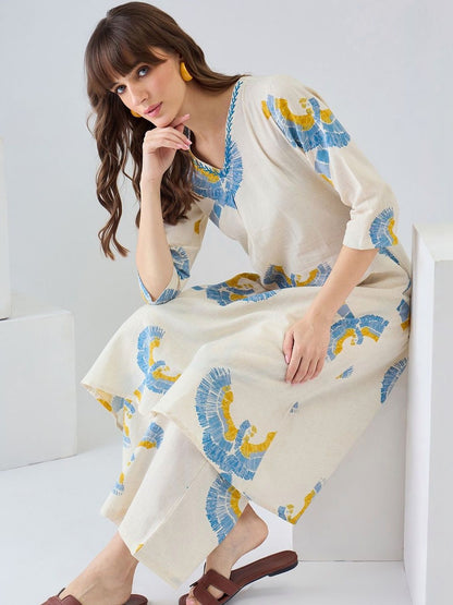 Women Printed Regular Thread Work Pure Cotton Kurta with Trousers