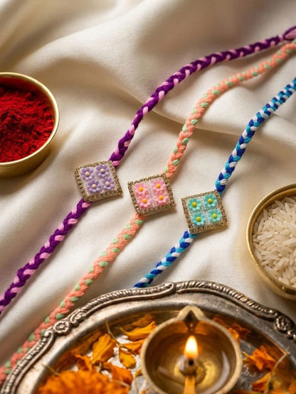 Dhiyona Set Of 3 Multicolor Ad Thread Rakhi With Roli Chawal Chandan Mishri