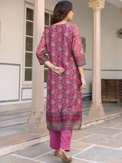 Dhiyona RR Women's Ethnic Motifs Printed Regular Sequinned Chanderi Cotton Kurta with Trousers & With