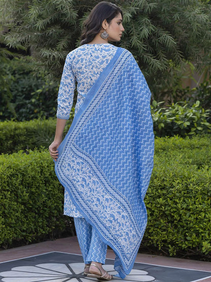 Dhiyona KL Floral Printed Mirror Work Straight Pure Cotton Kurta With Trousers & Dupatta