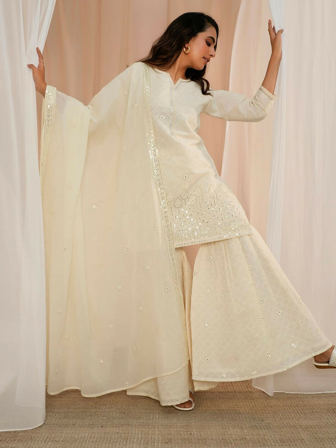 Women's LB Off White Embroidered Cotton Straight Suit With Dupatta