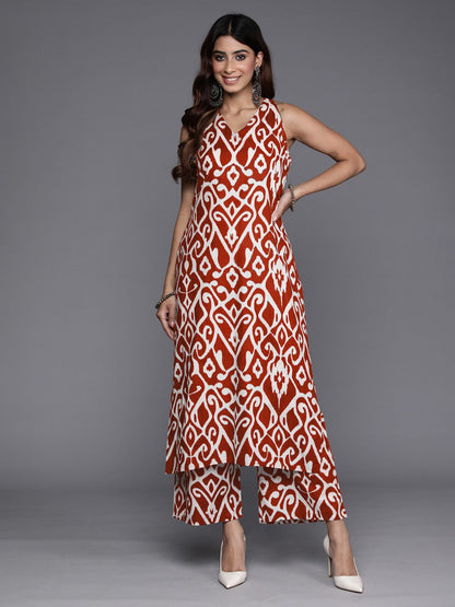 Red Ethnic Motifs Printed V-Neck Sleeveless Pure Cotton Straight Kurta With Palazzo