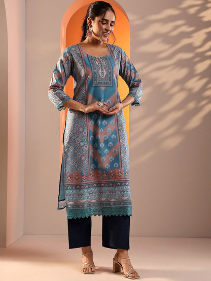 Ethnic Motifs Printed Thread Work Straight Kurta With Trousers & Dupatta