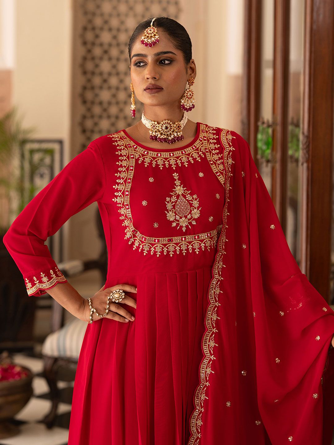Dhiyona CH Women Ethnic Motifs Embroidered Anarkali Kurta with Trousers & Dupatta