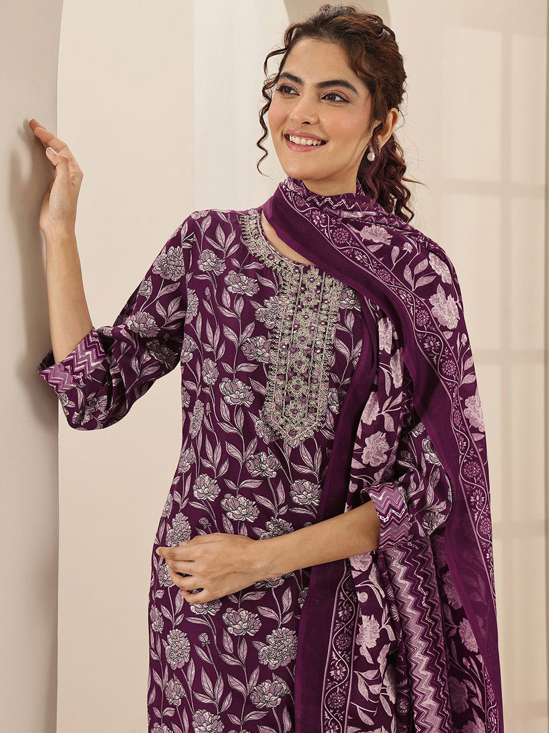 Floral Printed Round Neck Mirror Work Straight Kurta With Trousers & Dupatta