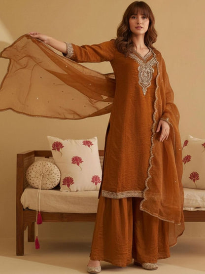Dhiyona CH Women Ethnic Motifs Embroidered Regular Thread Work Kurta with Palazzos & With Dupatta