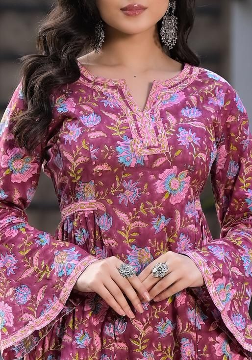 Dhiyona KL Floral Printed Notch Neck Pure Cotton A-Line Kurta With Palazzo And Dupatta