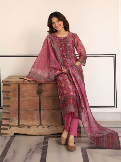 Dhiyona RR Women's Ethnic Motifs Printed Regular Sequinned Chanderi Cotton Kurta with Trousers & With