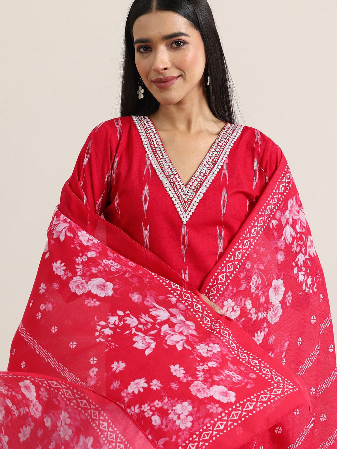 Abstract Woven Design Regular Thread Work Straight Kurta With Trousers & Dupatta