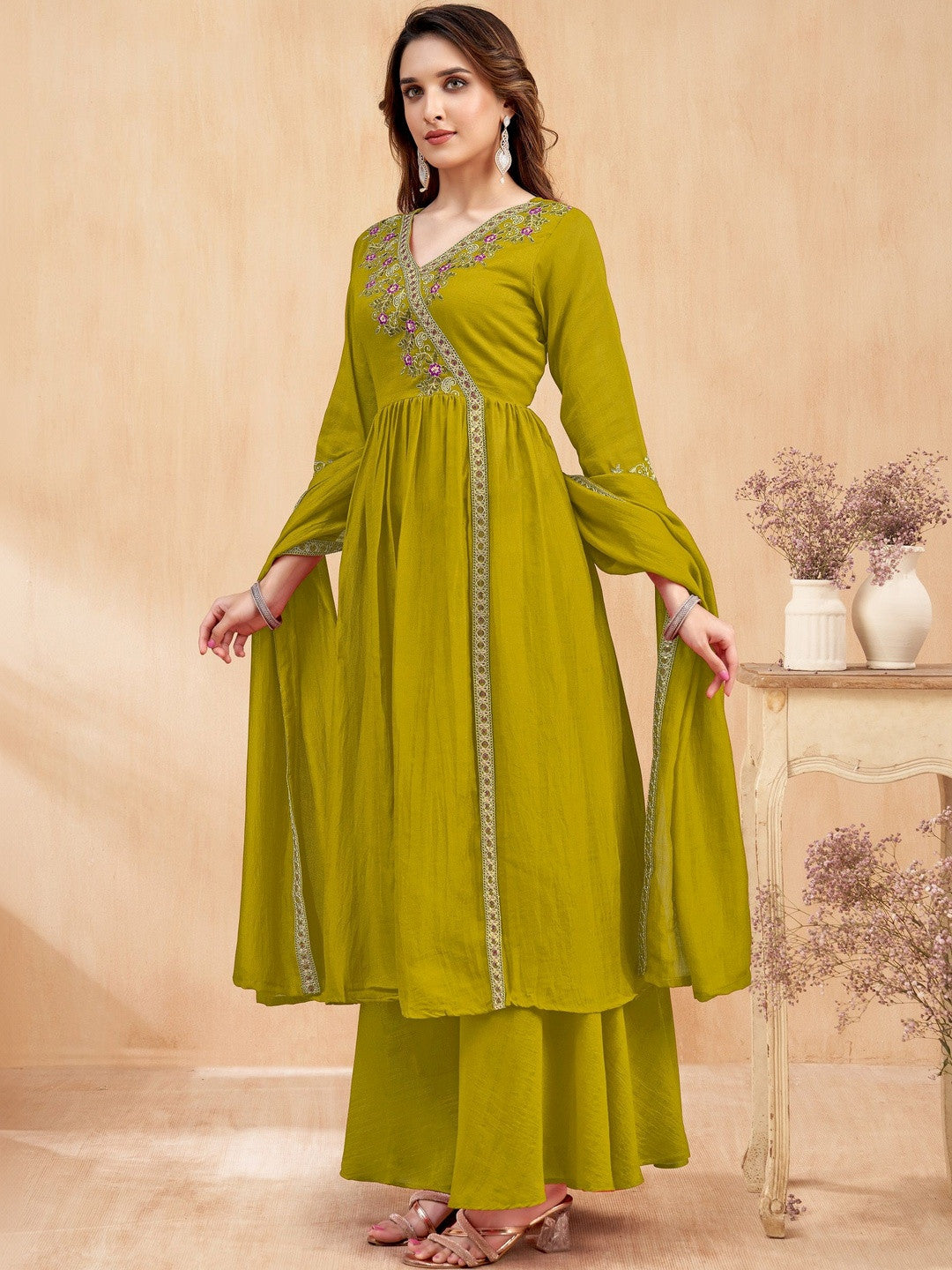 Embroidered V-Neck Kurta & Palazzos With Dupatta