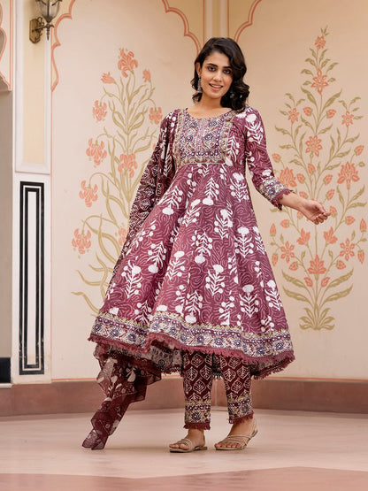 Dhiyona KL Women Floral Printed Regular Pure Cotton Kurta with Trousers & With Dupatta