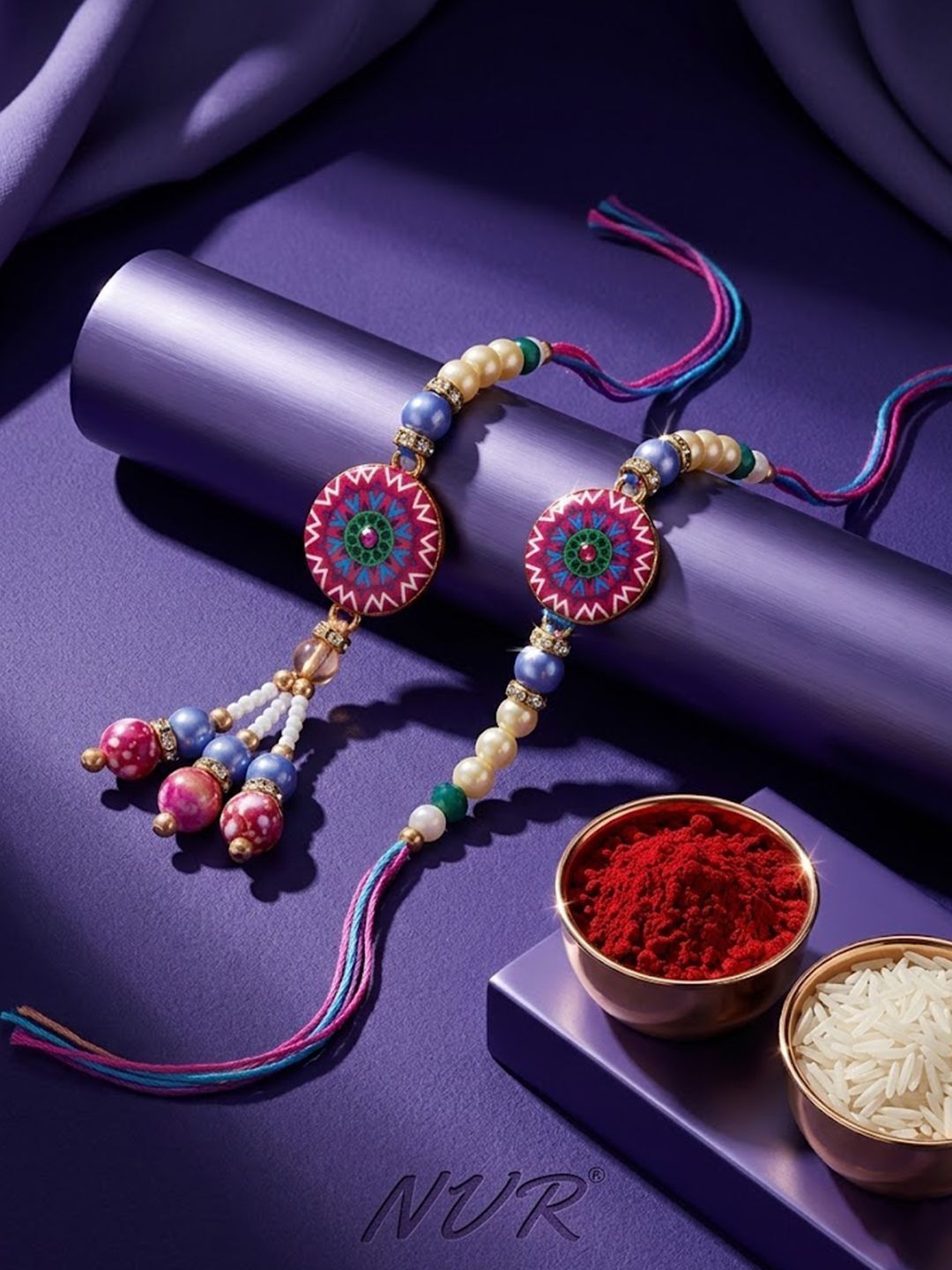 Dhiyona Set Of 2 Artificial Stones & Beads Floral Design Bhaiya Bhabhi Rakhi