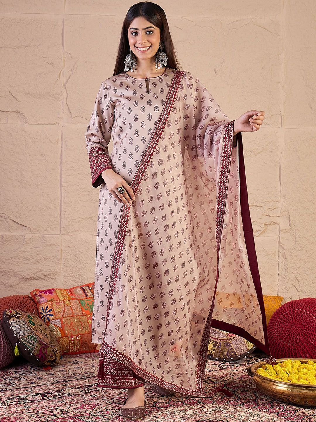 Dhiyona IN Women Ethnic Motifs Printed Regular Thread Work Kurta with Palazzos & Dupatta