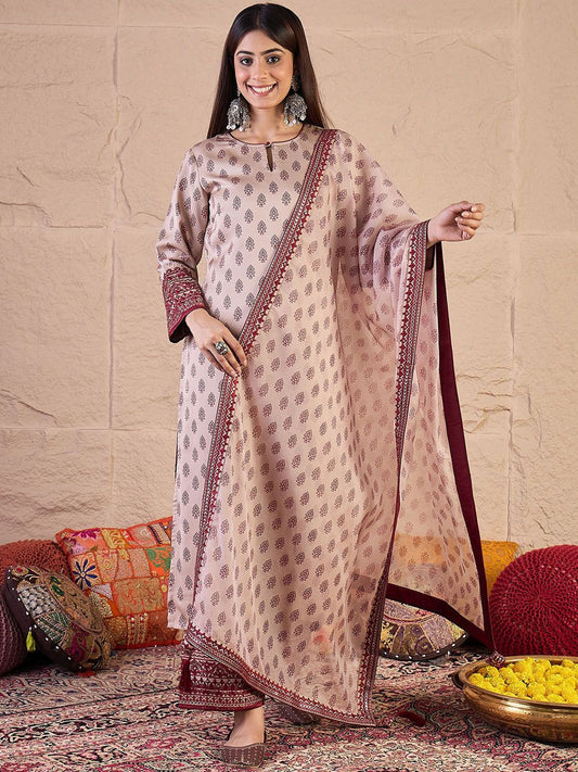 Dhiyona IN Women Ethnic Motifs Printed Regular Thread Work Kurta with Palazzos & Dupatta