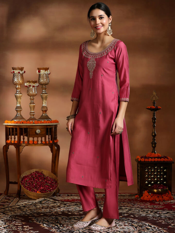 Women's LB Pink Embroidered Silk Blend Straight Suit With Dupatta